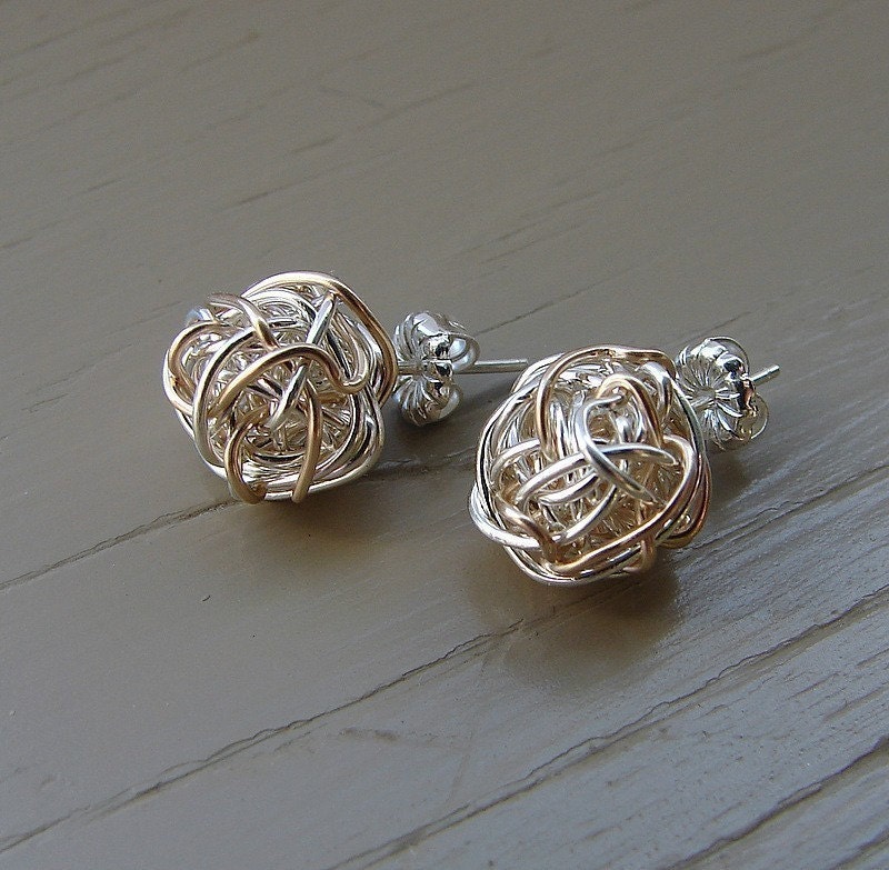 Gold and Silver Love Knot Earrings, Mixed Metal Studs earrings , Wedding Jewelry, Bridesmaids Gifts