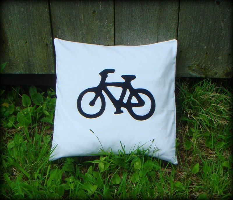 Classic Style Bicycle Applique Pillow Cover in White & Black. Customizable.