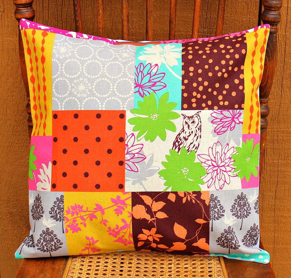 Echino Owl Patchwork Pillow Cover-Linen/Cotton Blend-16x16