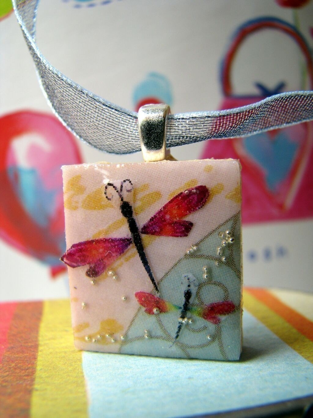 Scrabble pendant, Rainbow Dragonfly, in hand painted/personalized gift box, Scrabble tile necklace, perfect Christmas gift