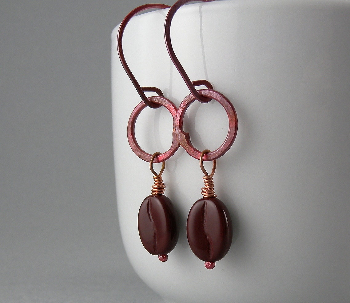 Glass Coffee Bean and Copper Earrings with Free Shipping