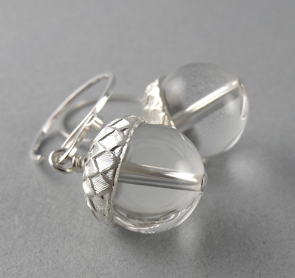 Princess Acorns with Clear Quartz and Shiny Silver Acorn Earrings with Free Shipping