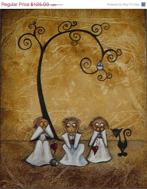Original  Whimsical Creeper Art Painting -- See Hear Speak No Evil -- Whimsical Tree - Hedgehog - Owl - Black Cat