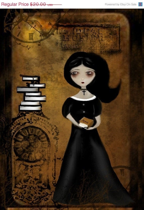 Dark Steampunk Goth Girl Art Print  --- Steampunk Bibliophile -- 8x10