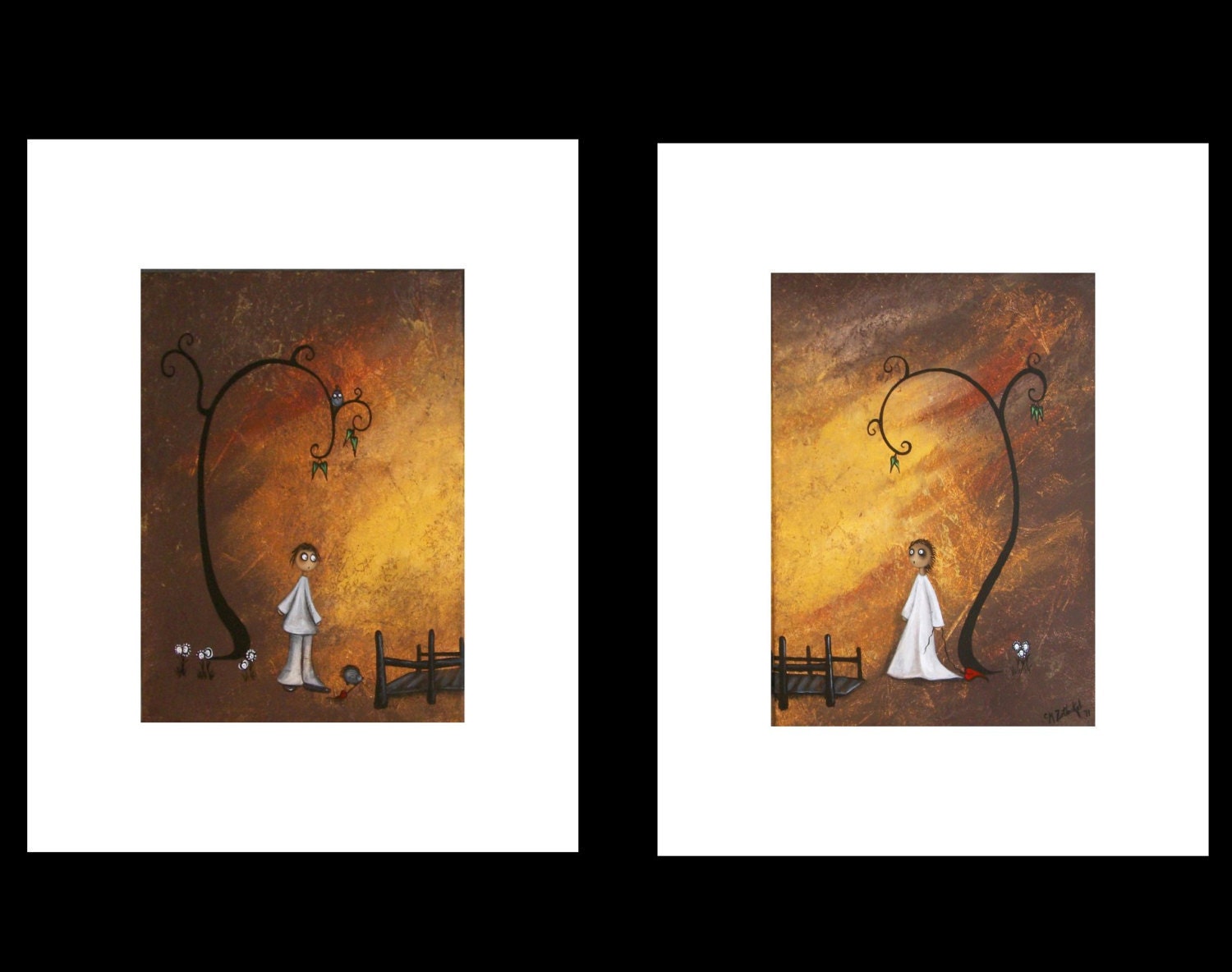 Clearance SALE - Whimsical Creeper Art Print Set -- Owl - Hedgehog - Whimsical Trees - Autumn decor -- This Little Heart of Mine --- 5x7