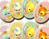 INSTANT DIGITAL DOWNLOAD - Kawaii Vintage Baby Animals - Printable Collage Sheet - 18 x 25 mm Ovals  Jewelry - Gingham Polka Dots