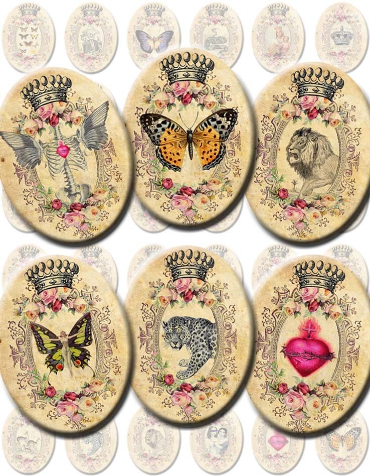 INSTANT DIGITAL DOWNLOAD - Gothic Victorian Curiosities - Beautifully Macabre Skulls Religious Sacred Hearts  18 x 25 mm Ovals for Jewelry