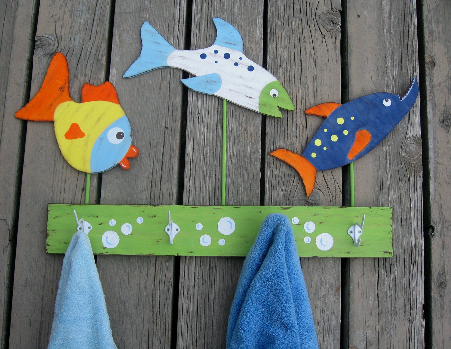 Fish Bathroom Towel Rack - Hand Painted Wood - Pottery Barn Kids Inspired