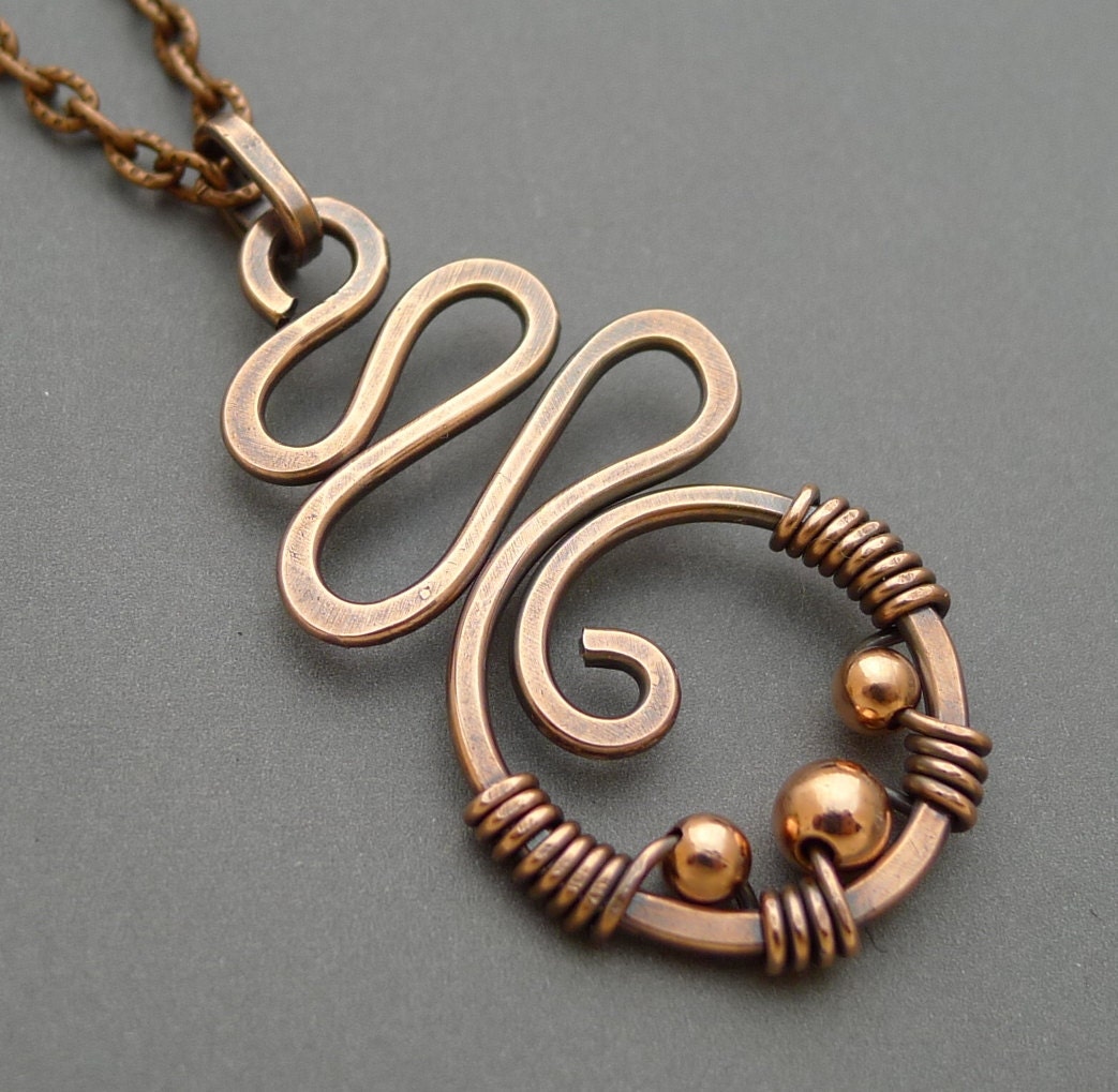 Oxidized Copper Squiggle Necklace with Copper Beads