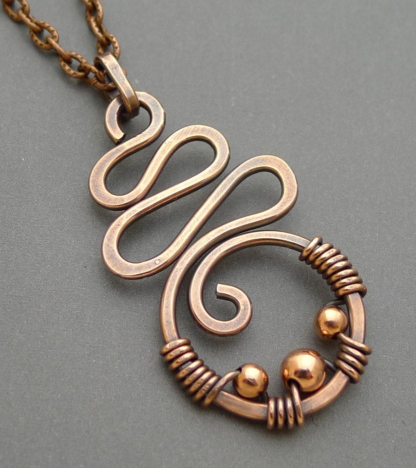 Oxidized Copper Squiggle Necklace with Copper Beads