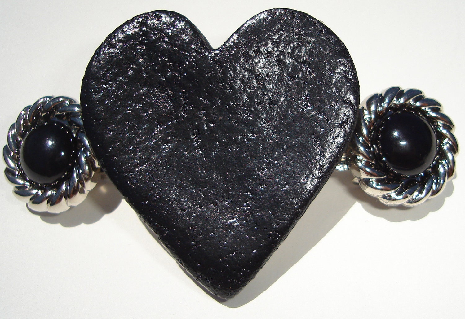 Black Heart with vintage black and silver tone buttons hand made hair barrette