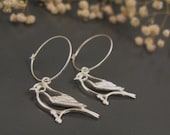 Sterling bird earrings, silver hoop earrings, modern jewelry nature inspired - DvoraSchleffer