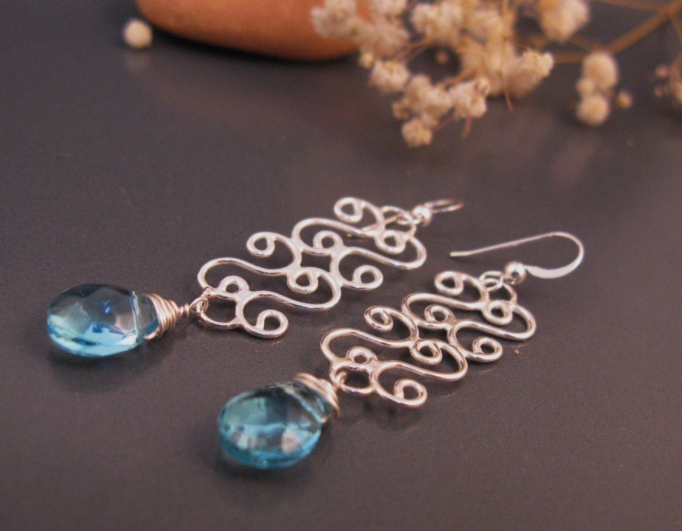 Delicate filigree dangle earrings with an Aqua Blue briolette stone, birthday gift for mom, sister, girlfriend, wife
