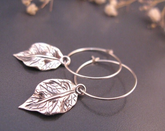 leaf hoop earrings, Sterling Silver leaf earrings, nature inspired jewelry