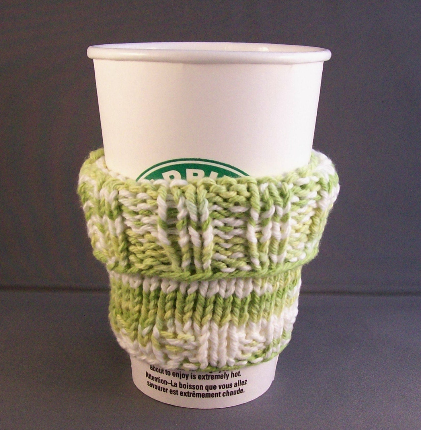 Handmade Coffee Cup Cozy Sleeve  Knit Multi-Green and White fits a Short or Grande Sized Coffee-to-Go