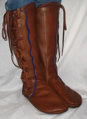 Leather Moccasins Renaissance Boot Midieval Moccasin Knee High Pirate Steampunk LARP Moccasins Custom Handmade by Debbie Leather