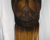Artisan Made Hippie Retro Peace Sign Purse in Distressed Deerskin Cross-body Bag "Mini Me Peace Sign Pouch" Handmade by Debbie Leather