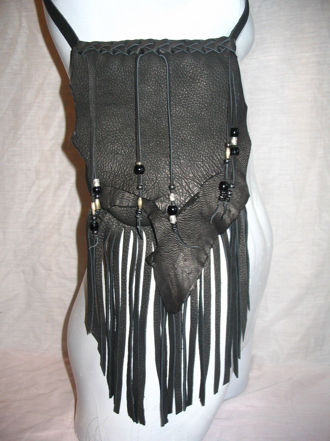 Artisan Made Leather Bag Black Deerskin Crossover Purse Fringe and Beads Custom Colors Handmade by Debbie Leather
