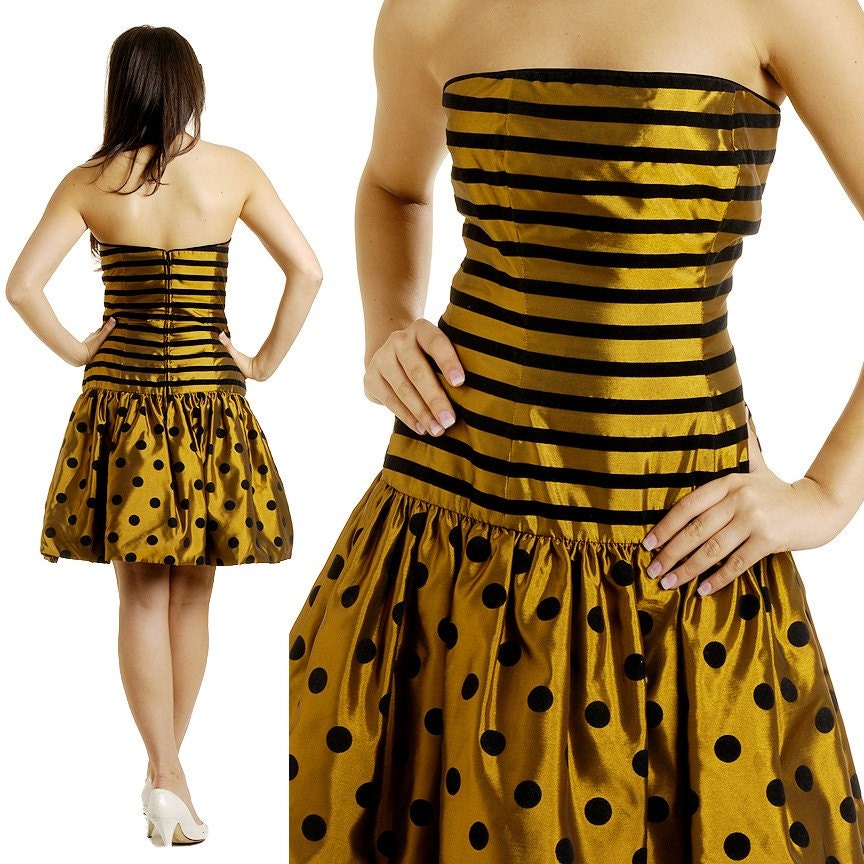 Strapless Gold Dress / Black Stripes and Polka dots / Vintage 1980s Golden Gal CRINOLINE Party XS/S