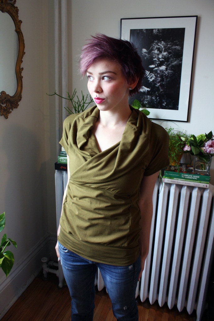 Ready To Ship // Short Sleeved Military Green Cowl Tee / Rayon from Bamboo / by Replicca / size X Large