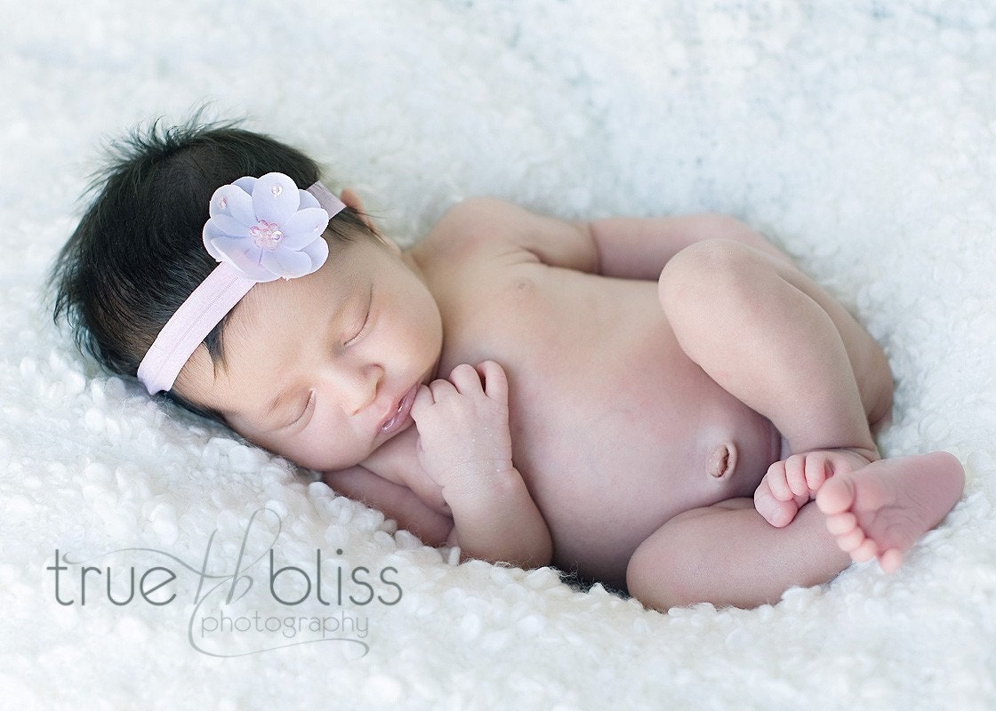 Newborn Headband / Infant Headband / Baby Headband / Girl Pink Sequin AUBREY Flower Bow and Stretch Headband