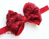 Newborn Headband / Baby Headband / Christmas Headband  / Girls RED Fabric NOVELLA Rosette Flower Bow Headband / Luxe Holiday Headband