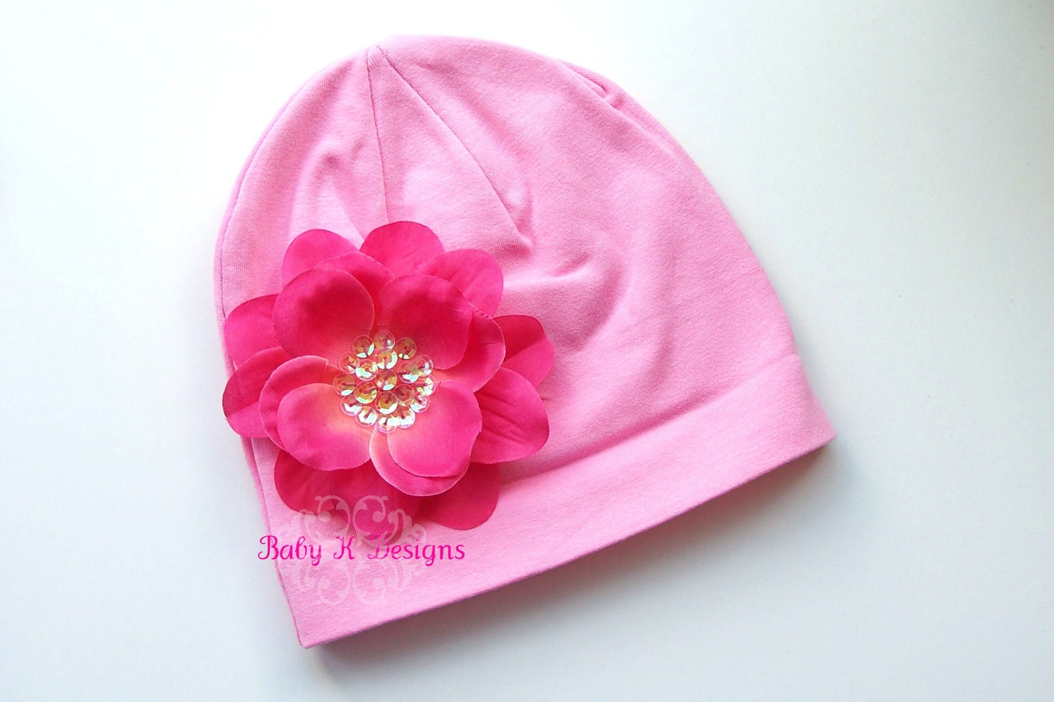 Newborn Beanie / Baby Beanie / Girls Hat / Infant Beanie / Light  Fuchsia  ADDISON flower and Pink Cotton Beanie TWO SIZES