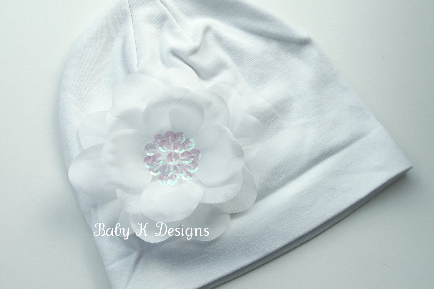Newborn Beanie / Baby Beanie / Girls Hat / Infant Beanie / Pure White ADDISON flower and Cotton Beanie TWO SIZES