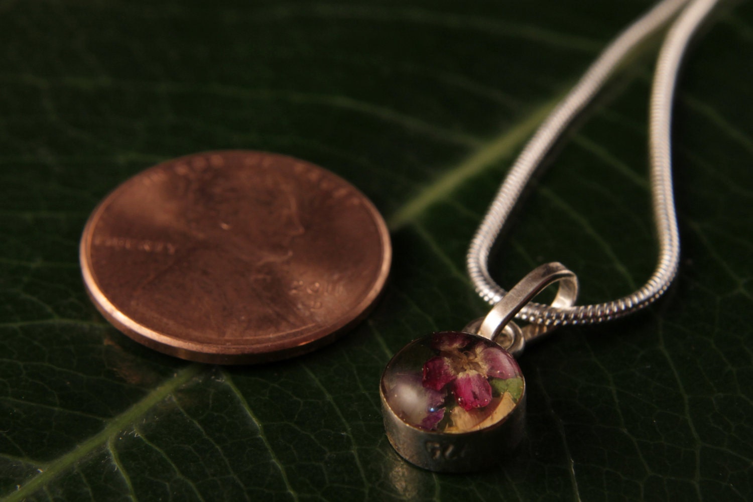 Sterling Silver Miniature Pressed Wild Flowers Clear Round Pendant