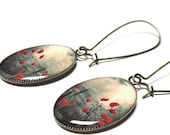 Poppy Fields Antique Vintage Brass Resin Dangle Earrings Red Flowers Poppies