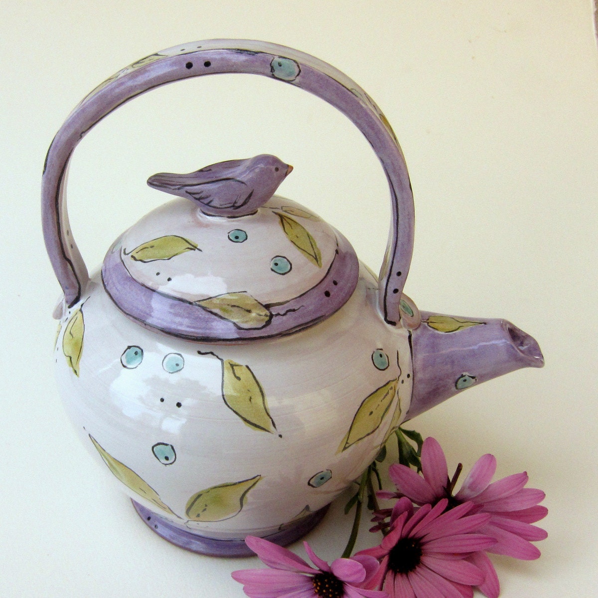 Ceramic Teapot Bird on Tea for two Colorful Majolica Handmade Teapot