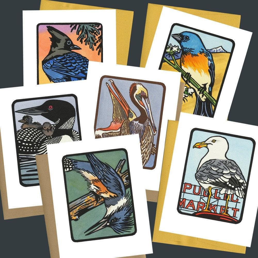 FLOCK set of 6 different blank bird greeting cards, assorted