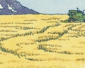 GOLDENDALE WHEAT FIELD original hand colored letterpress print featuring Mt. Adams and Mt. Rainier