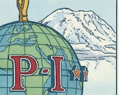 SEATTLE P-I GLOBE original hand colored letterpress print featuring Mt. Rainier