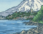 RUSTON WAY WATERFRONT original hand colored letterpress print featuring Mt. Rainier