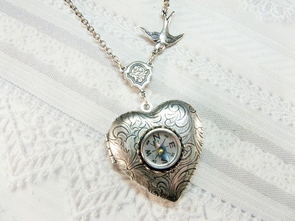 Silver Compass Locket - The ORIGINAL Silver Locket Necklace - Follow Your Heart COMPASS Locket - Valentine's Day Wedding Birthday Gift