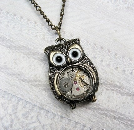 Owl Necklace - Steampunk Owl Watch Necklace
