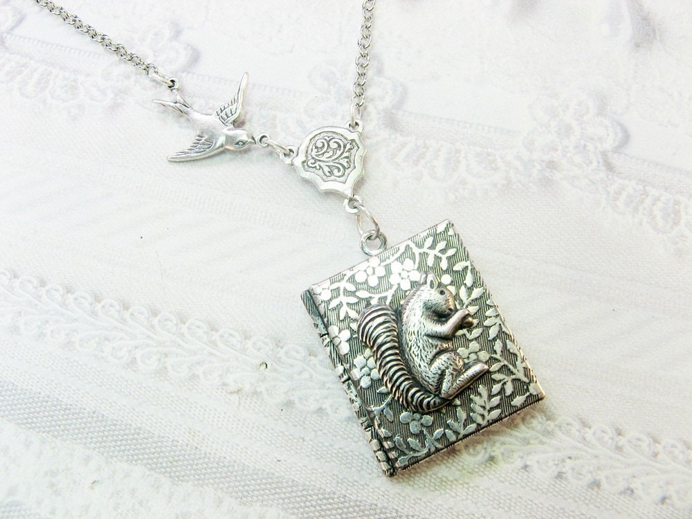 Silver Locket Necklace - The ORIGINAL Silver Squirrel Garden BOOK LOCKET - Jewelry by BirdzNbeez - Christmas Birthday Wedding Gift