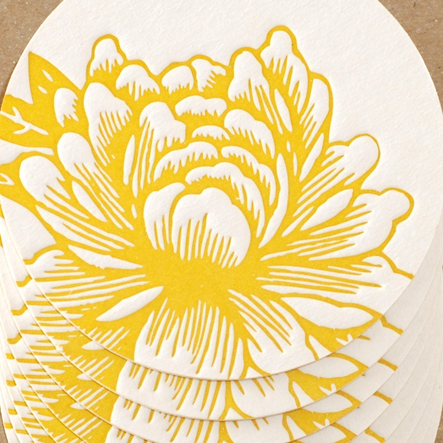 Letterpress Coasters : Sunshine Yellow Blossoming Flower Coasters, box of 8 coasters in kraft box