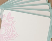 Stationery Notes, Letterpress Cards :  Peony Pink Small Blossoming Flower Notes, box of 5 flat notes w pool blue envelopes