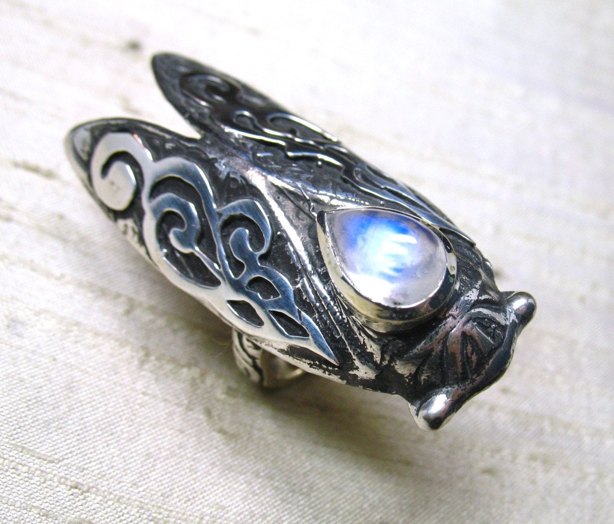 Smoke Wing Cicada Ring- Rainbow Moonstone and Sterling