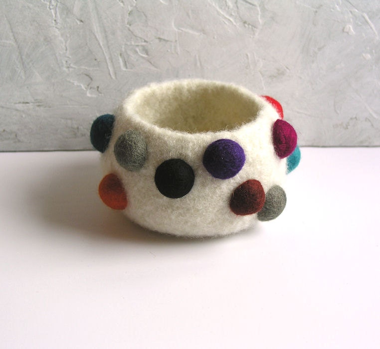 Felted bowl with raised colorful dots...White