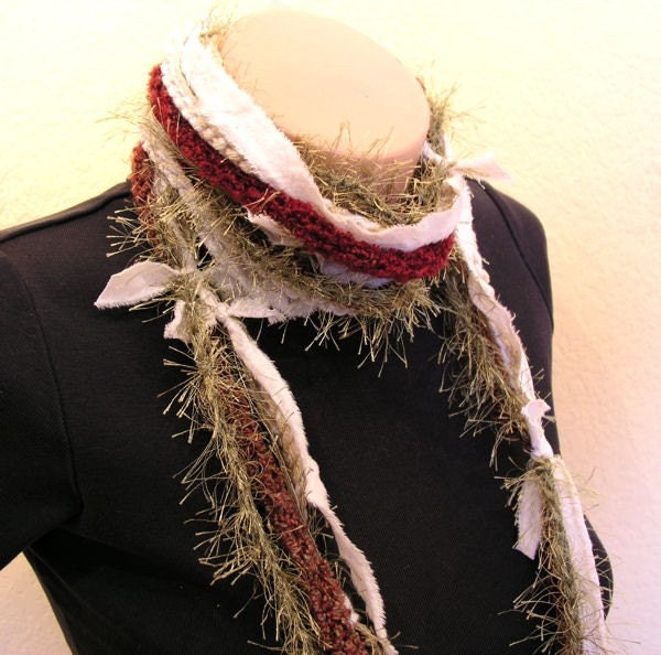 All Tied Up - 87 inch knitted and crocheted fiber art scarf