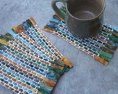 Batik Mug Rugs: Hand-Woven Cotton Fabric Coasters in Blue Green Brown - kimbuktu