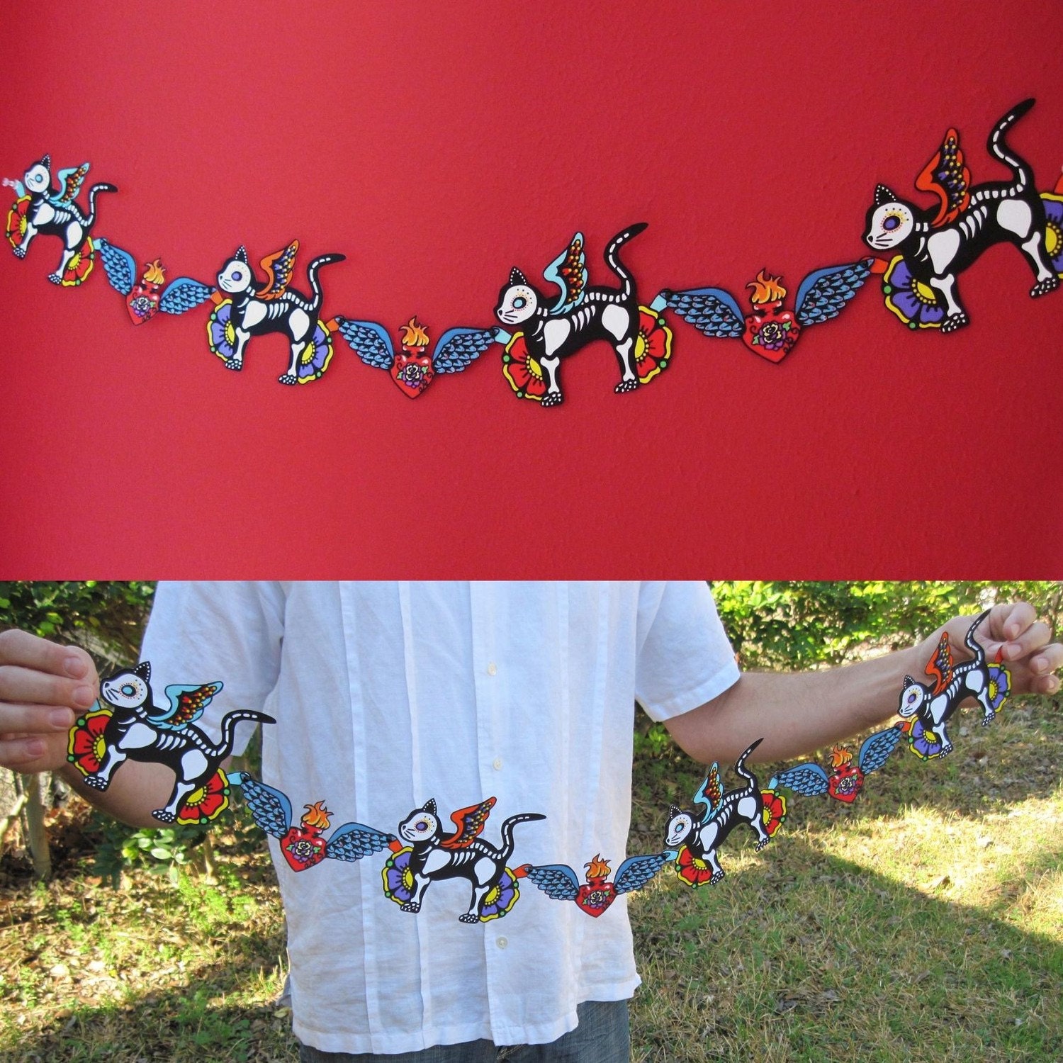 Day of the Dead CAT Paper GARLAND Pet Memorial w/ Sacred Hearts