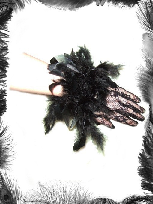 Feather Lace Gloves, Gothic, Victorian, Burlesque, Show girl, Feathers available in 6 colours