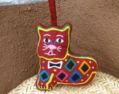 Hand Stitched Herbal Mola Cat Ornament -  Kuna Indian Reverse Applique