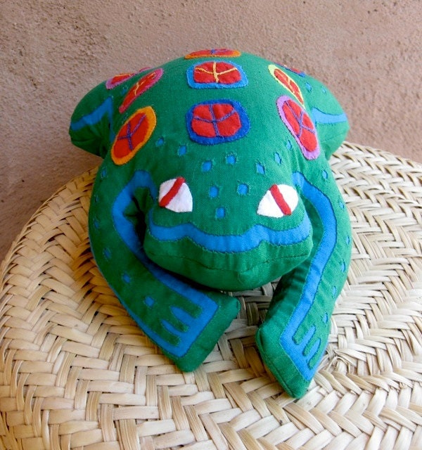Groovy Mola Peace Frog - Stuffed Animal - Hand Stitched Kuna Indian Reverse Applique