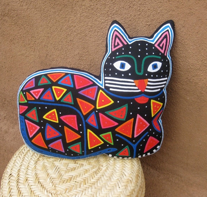 Exquisite Mola Cat Pillow - Hand Sewn Reverse Applique