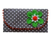 The Ric Rac Clutch Purse with green flower on gray polka dots